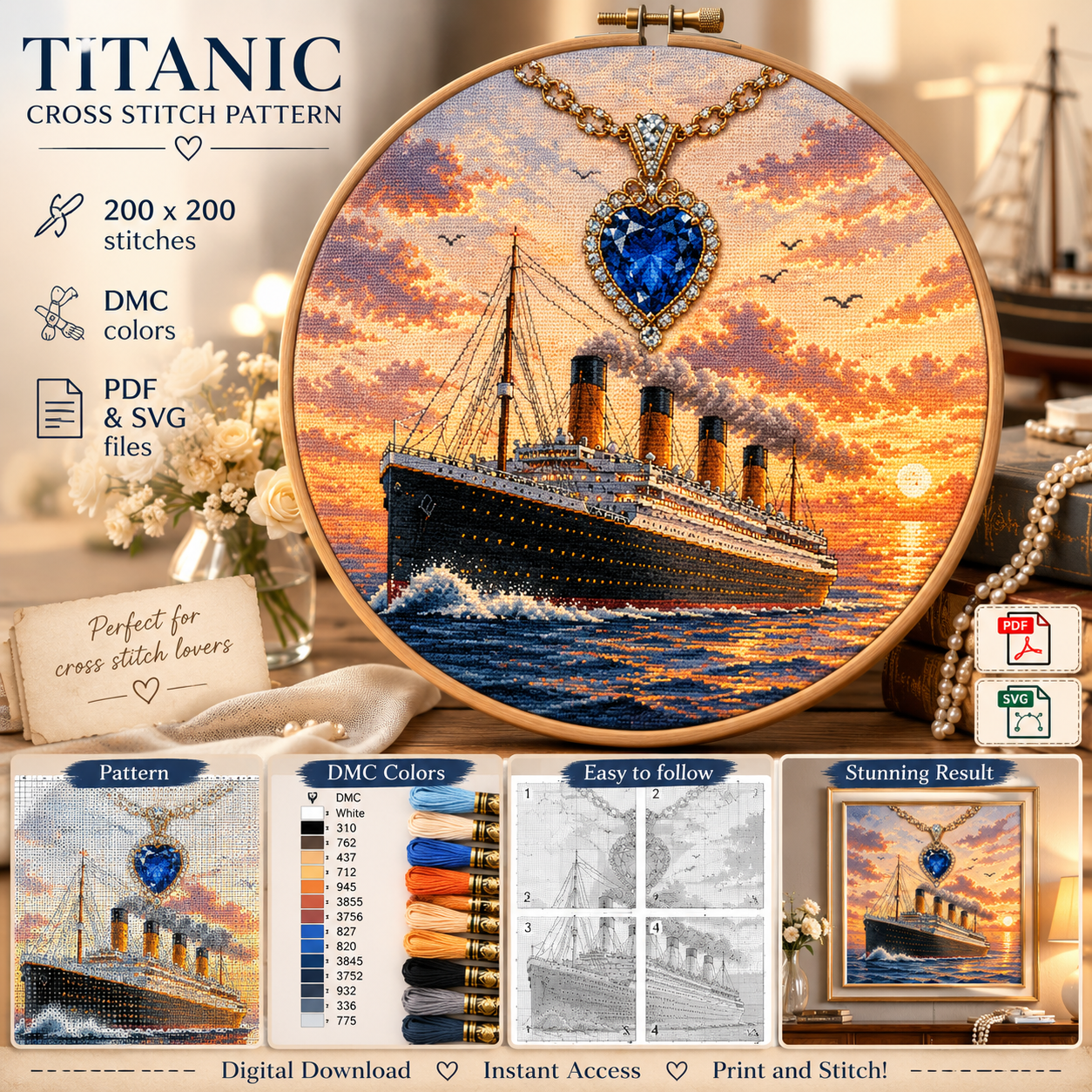 Patterned Heartd Titanic Sunset Heart Jewel Cross Stitch Pattern - Productsanime