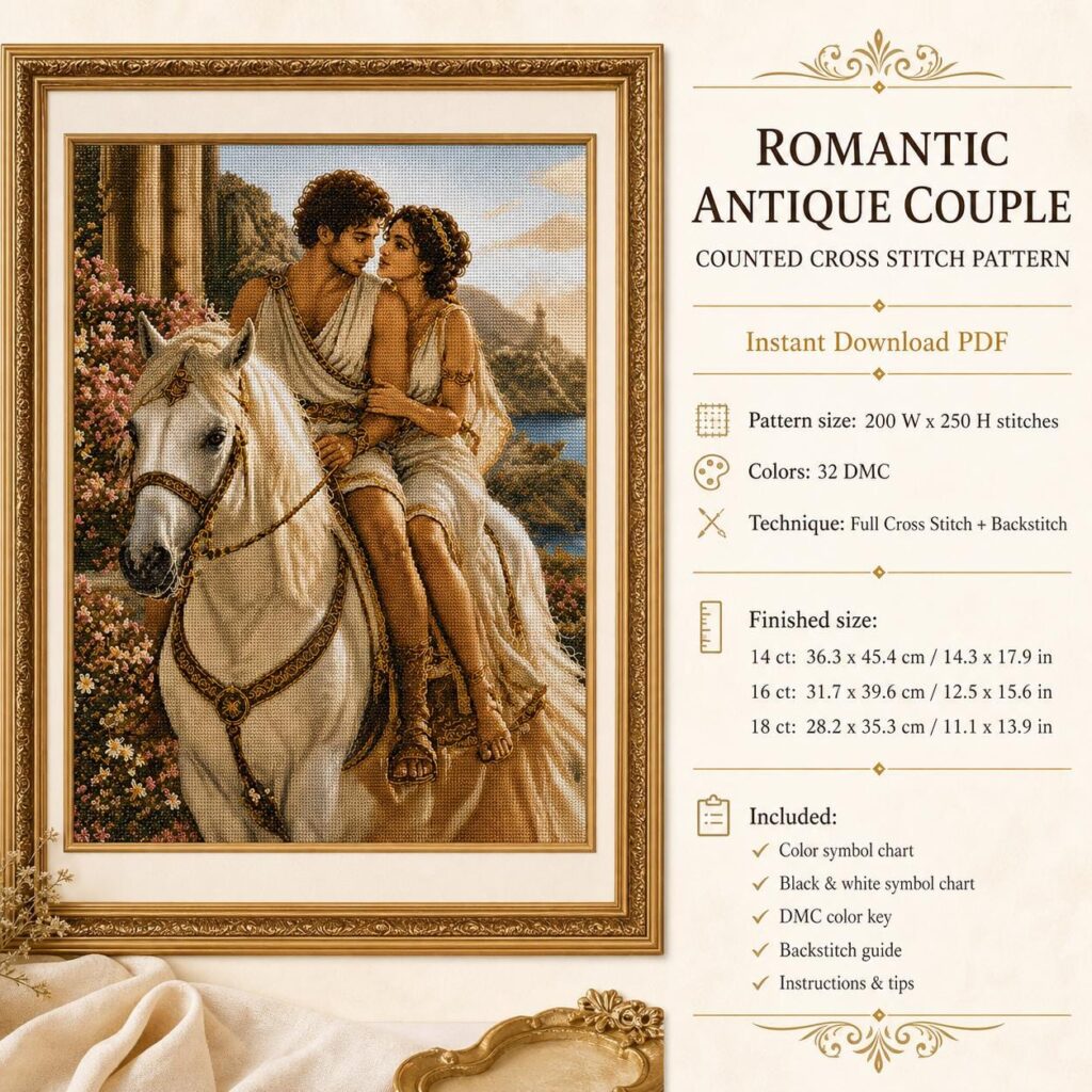 Ancient Roman Lovers on a White Horse — Cross Stitch Pattern