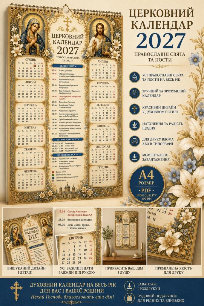 Orthodox Church Calendar 2027 • Virgin Mary & Christ Decorative Icon Poster • Christian Wall Art Design