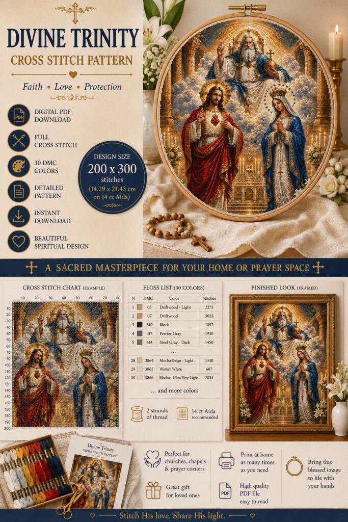 Holy Trinity & Virgin Mary Cross Stitch Pattern • Heavenly Christian Icon Embroidery • PDF, SVG Digital Needlework Chart