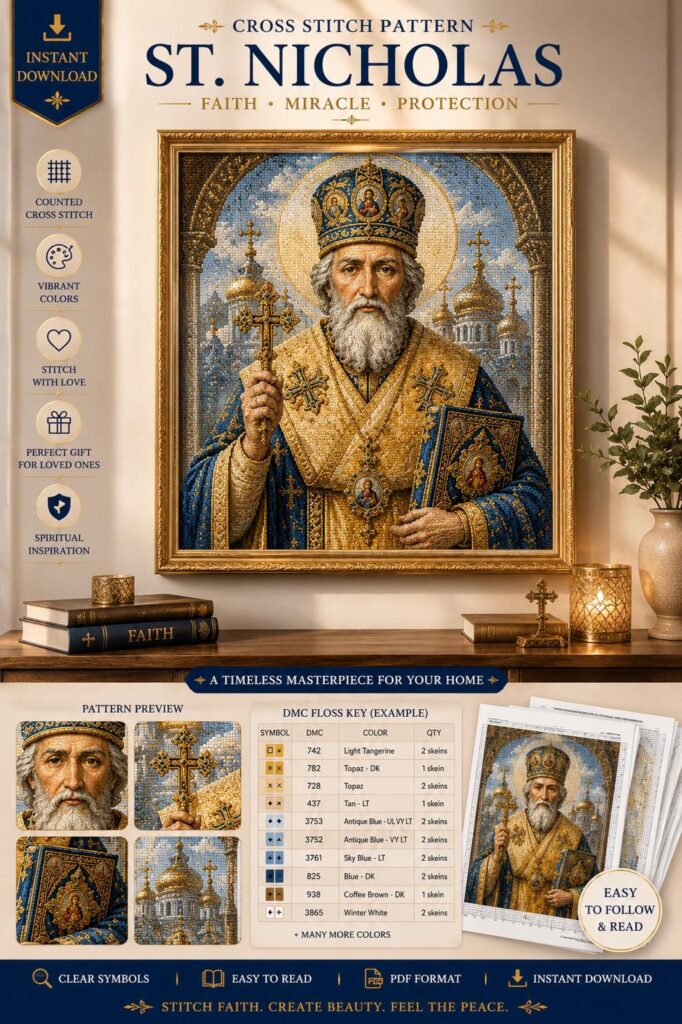 Saint Nicholas the Wonderworker Cross Stitch Pattern – Orthodox Christian Embroidery Design