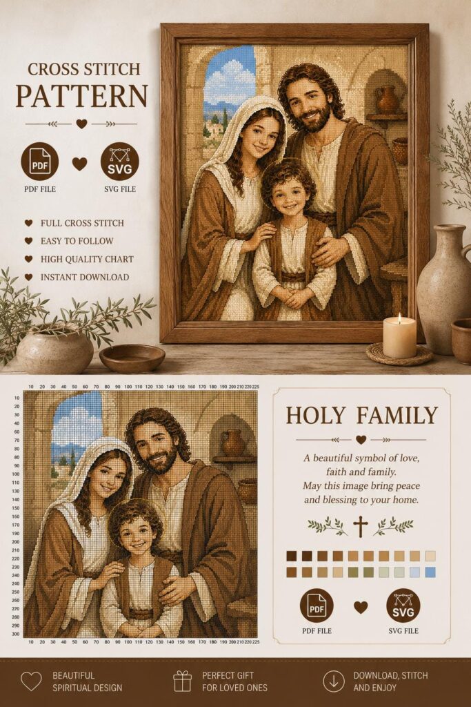 Jesus with His Parents Cross Stitch Pattern • Biblical Family Embroidery Design