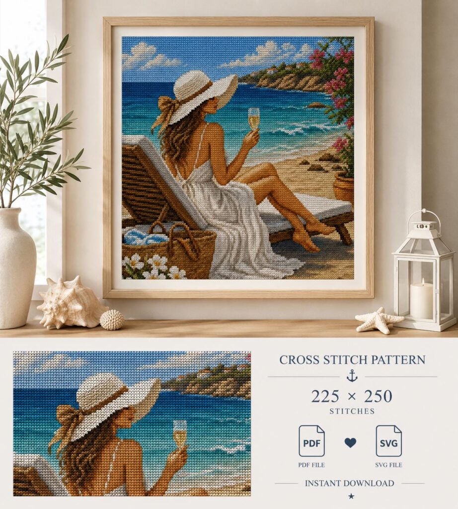Seaside Relaxation Cross Stitch Pattern • Coastal Summer Embroidery Design