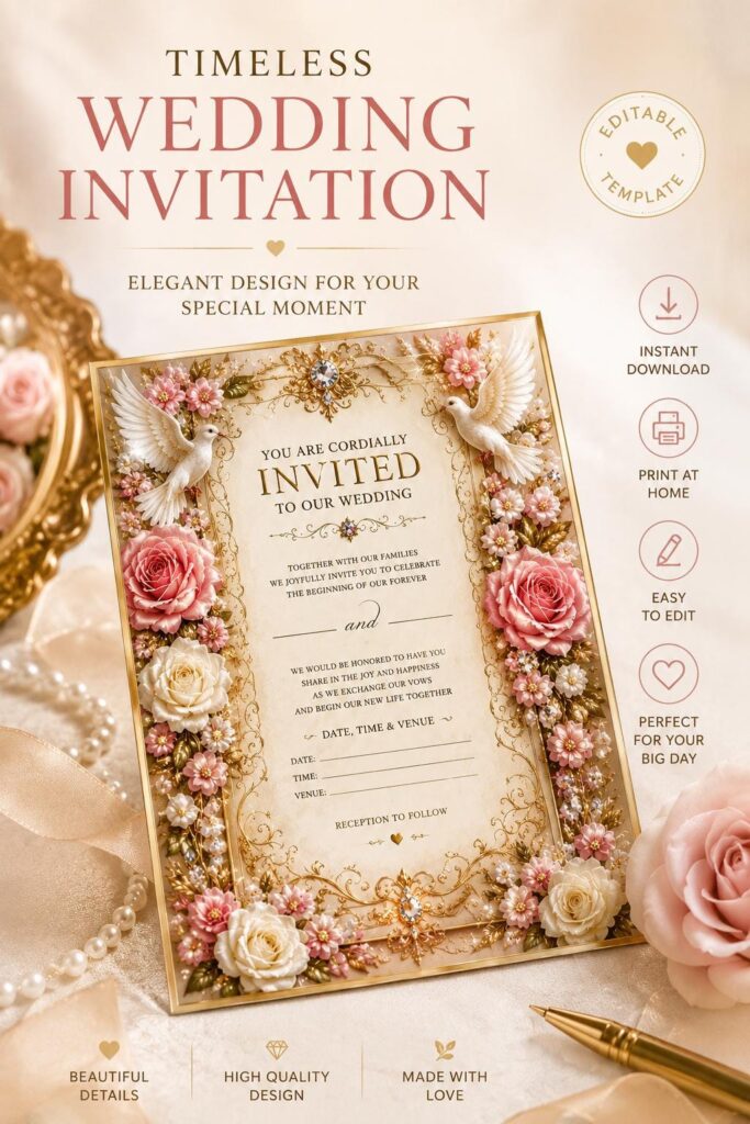 Wedding Invitation • Golden Doves & Roses