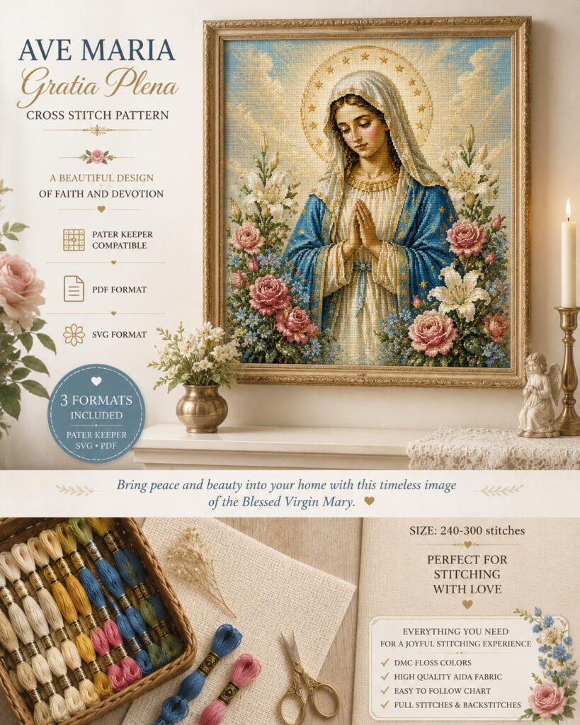 Catholic Ave Maria Icon Cross Stitch Pattern • Virgin Mary Embroidery Design • “Gratia Plena” Sacred Art