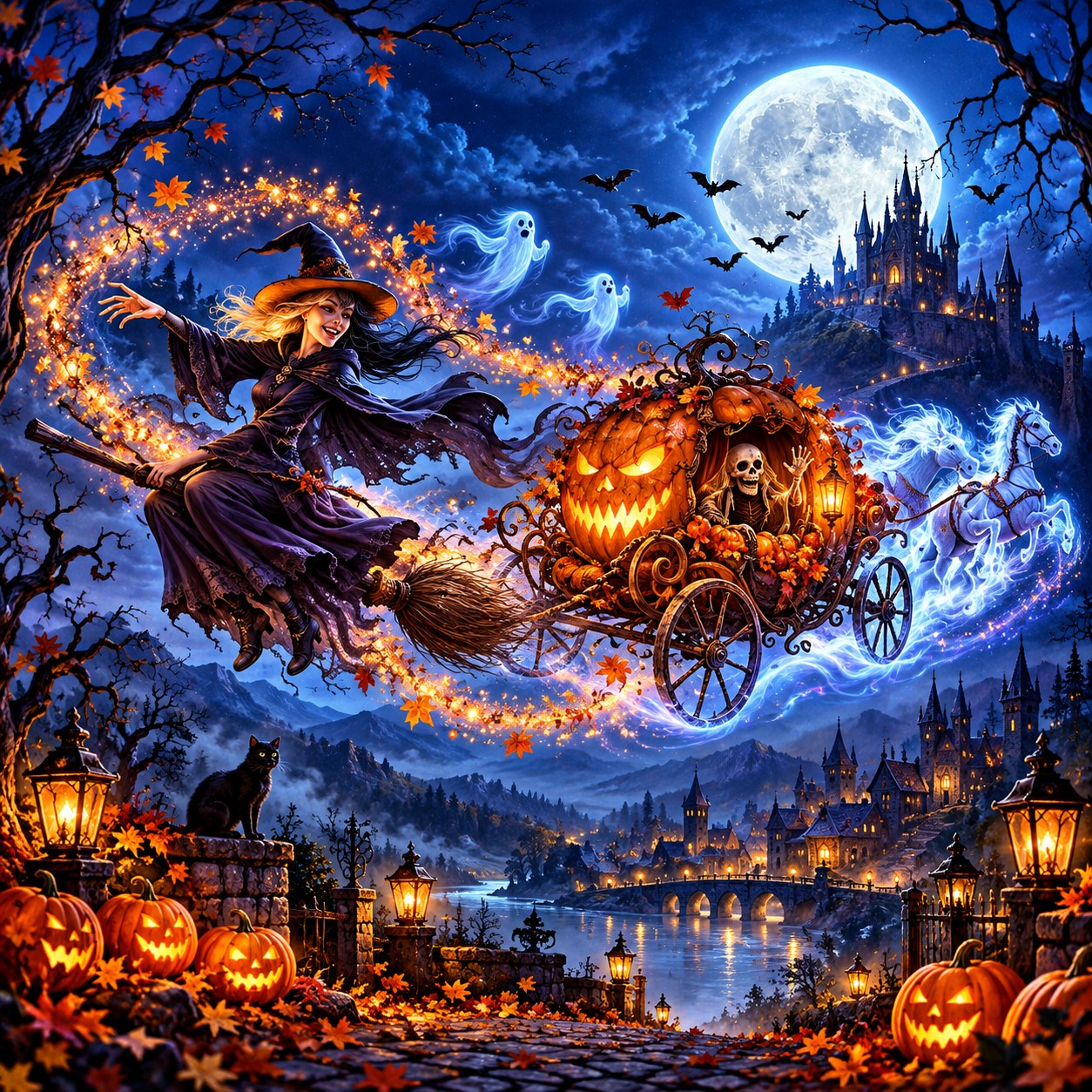 Witch and Haunted Pumpkin Carriage Under the Full Moon – Halloween Fantasy