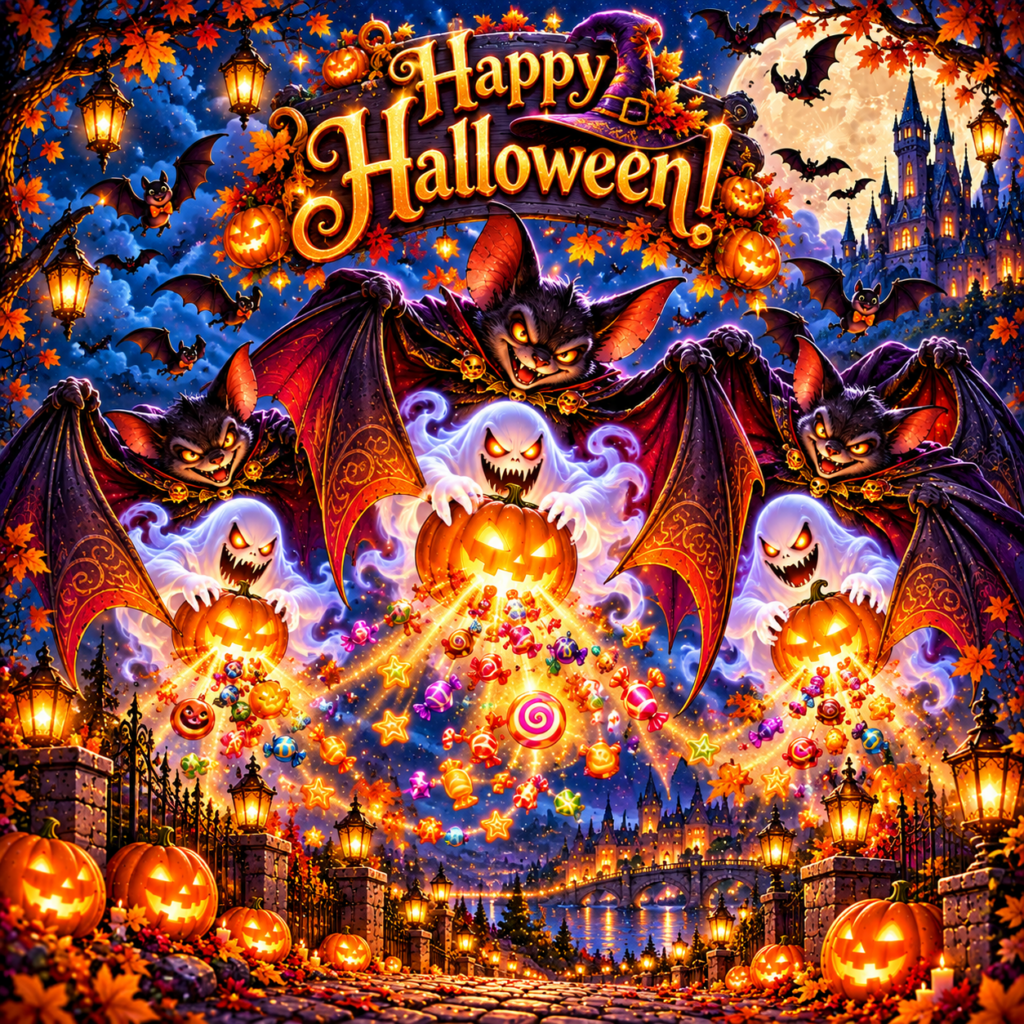 Happy Halloween with Vampire Bats and Ghosts – Spooky Fantasy Digital Art